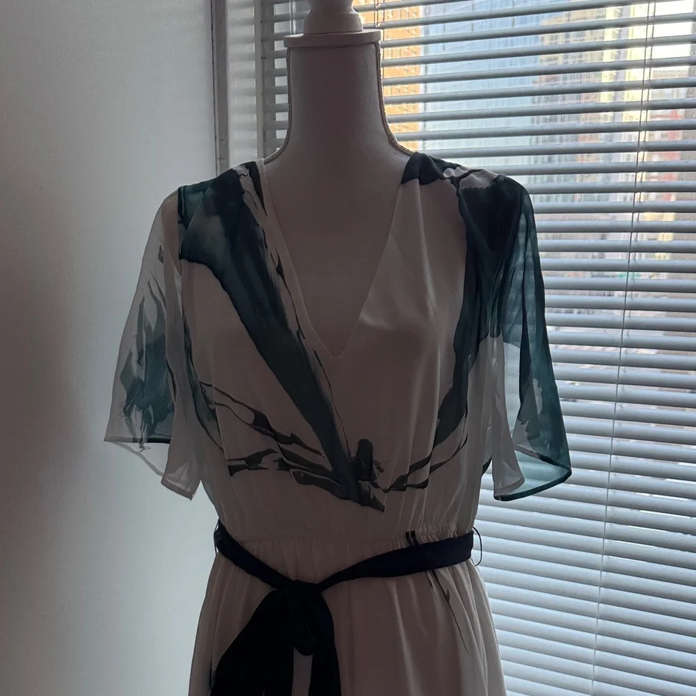 White Maxi Dress with Green Brushstroke Print and Black Tie